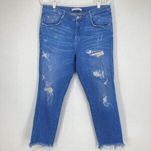 Zara Trafaluc Women's Denim Crop Jeans Size 8 Distressed High Rise Stretch‎ Blue